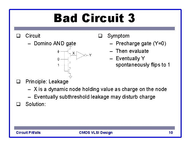 Bad Circuit 3 q Circuit – Domino AND gate q Symptom – Precharge gate