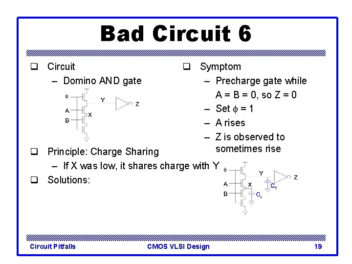 Bad Circuit 6 q Circuit – Domino AND gate q Symptom – Precharge gate