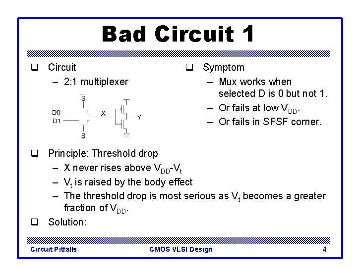 Bad Circuit 1 q Circuit – 2: 1 multiplexer q Symptom – Mux works