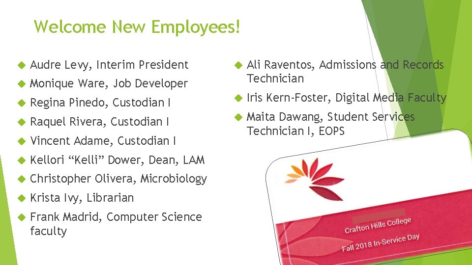 Welcome New Employees! Audre Levy, Interim President Monique Ware, Job Developer Ali Raventos, Admissions