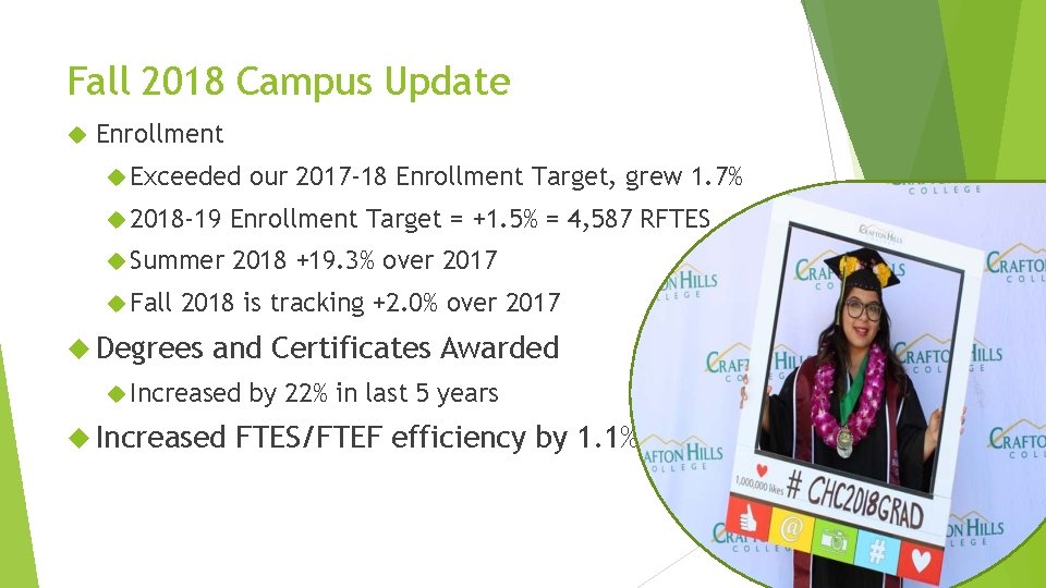 Fall 2018 Campus Update Enrollment Exceeded our 2017 -18 Enrollment Target, grew 1. 7%