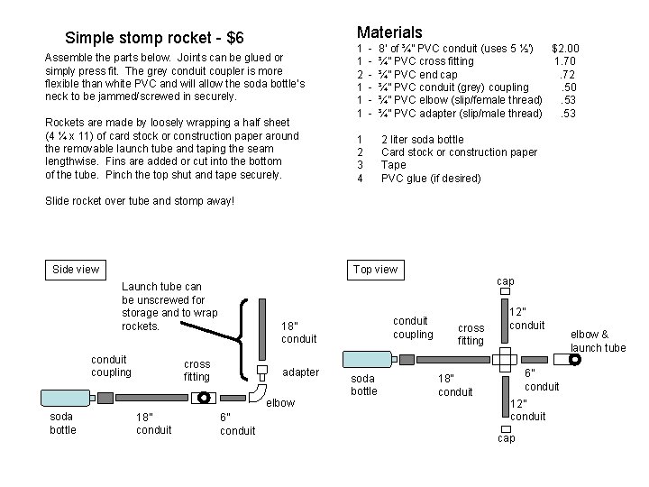 Materials Simple stomp rocket - $6 Assemble the parts below. Joints can be glued
