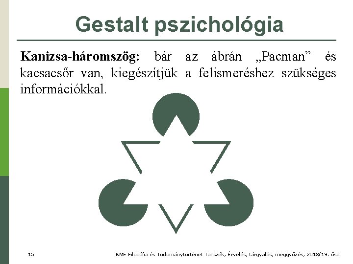 Gestalt pszichológia Kanizsa-háromszög: bár az ábrán „Pacman” és kacsacsőr van, kiegészítjük a felismeréshez szükséges