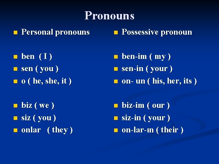 Pronouns n Personal pronouns n Possessive pronoun n ben ( I ) sen (