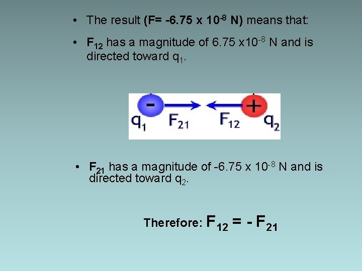  • The result (F= -6. 75 x 10 -8 N) means that: •