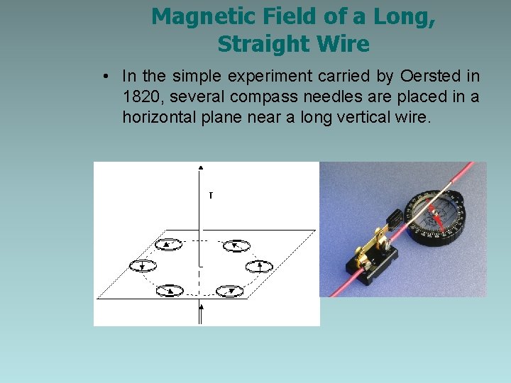 Magnetic Field of a Long, Straight Wire • In the simple experiment carried by