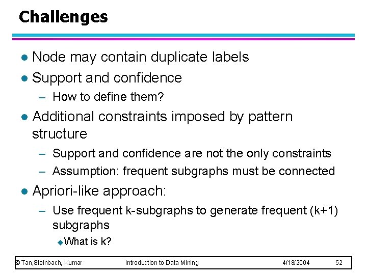 Challenges Node may contain duplicate labels l Support and confidence l – How to