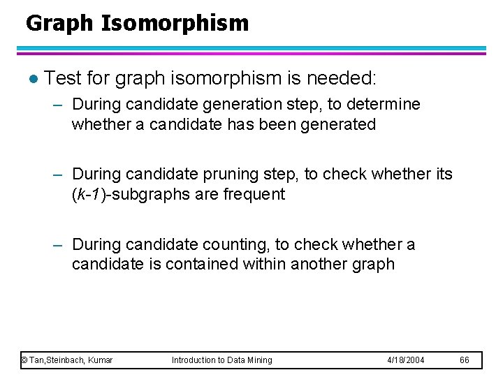 Graph Isomorphism l Test for graph isomorphism is needed: – During candidate generation step,
