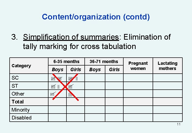 Content/organization (contd) 3. Simplification of summaries: Elimination of tally marking for cross tabulation 6