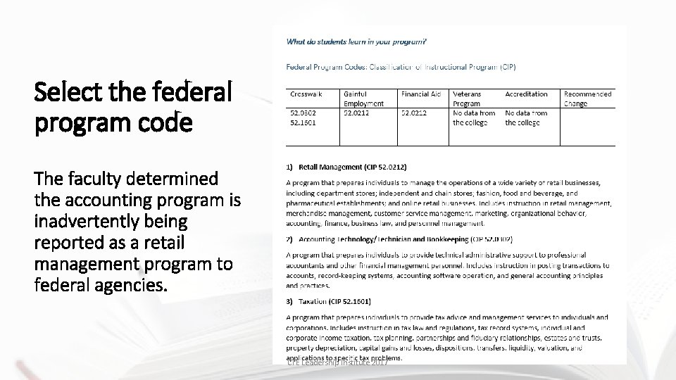 Select the federal program code The faculty determined the accounting program is inadvertently being