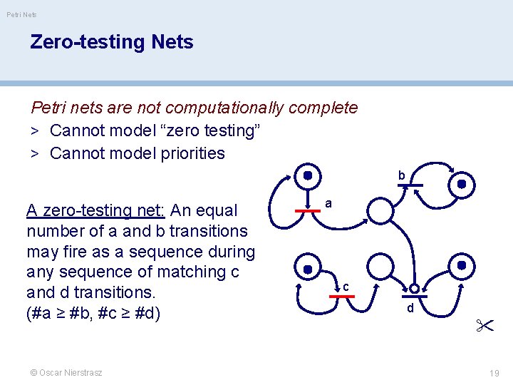 Petri Nets Zero-testing Nets Petri nets are not computationally complete > Cannot model “zero