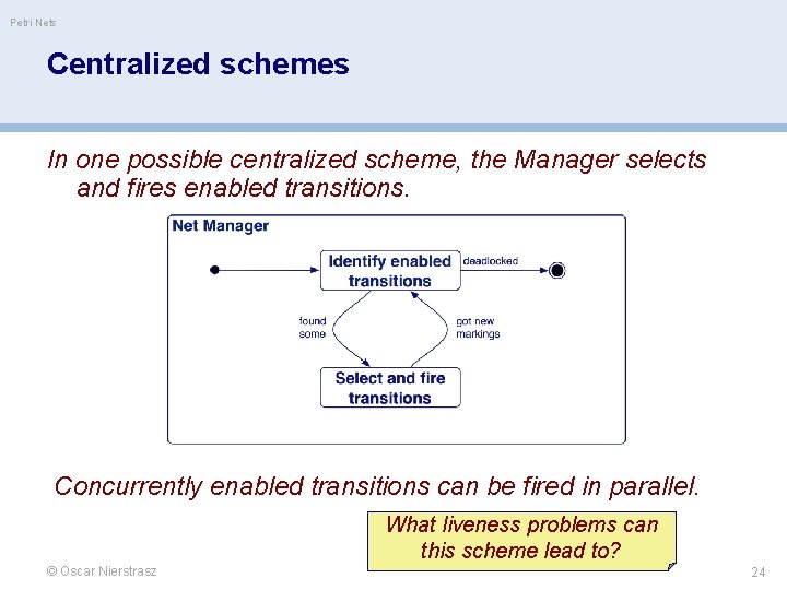 Petri Nets Centralized schemes In one possible centralized scheme, the Manager selects and fires