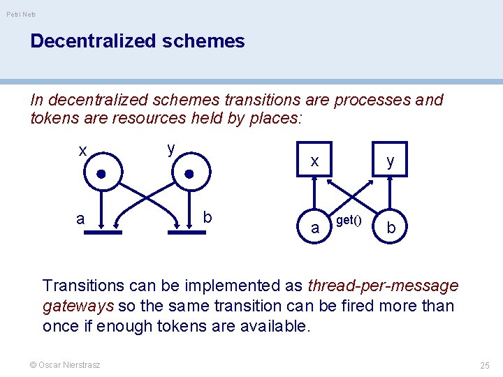 Petri Nets Decentralized schemes In decentralized schemes transitions are processes and tokens are resources