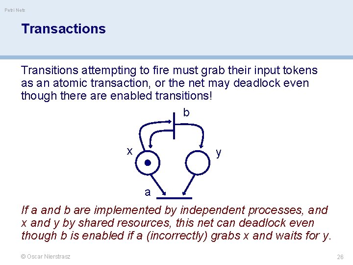 Petri Nets Transactions Transitions attempting to fire must grab their input tokens as an