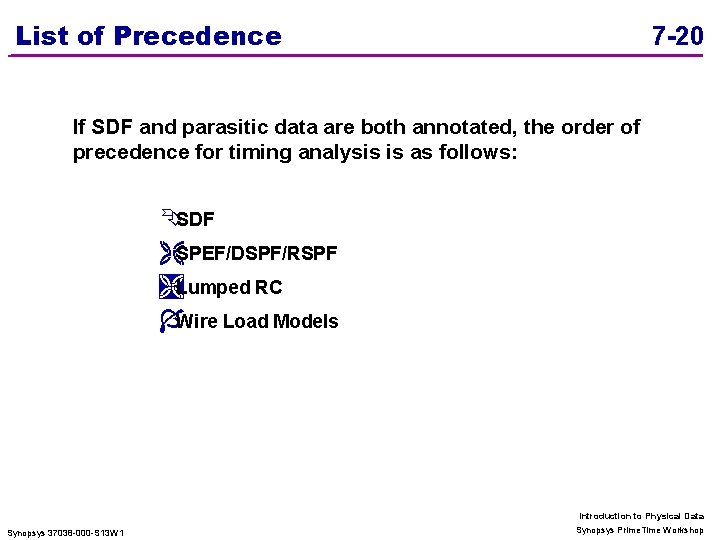 List of Precedence 7 -20 If SDF and parasitic data are both annotated, the