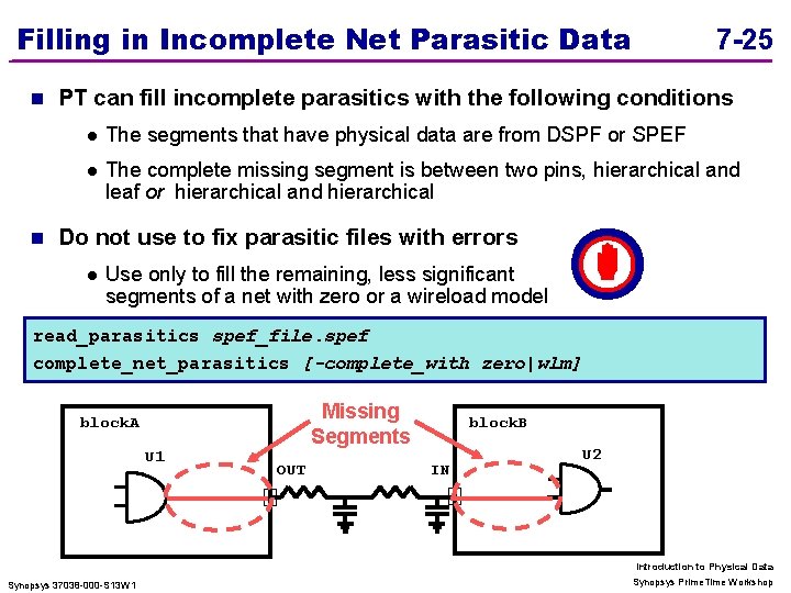 Filling in Incomplete Net Parasitic Data n n 7 -25 PT can fill incomplete