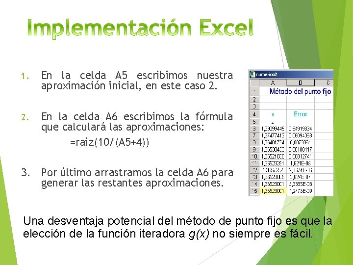 1. En la celda A 5 escribimos nuestra aproximación inicial, en este caso 2.
