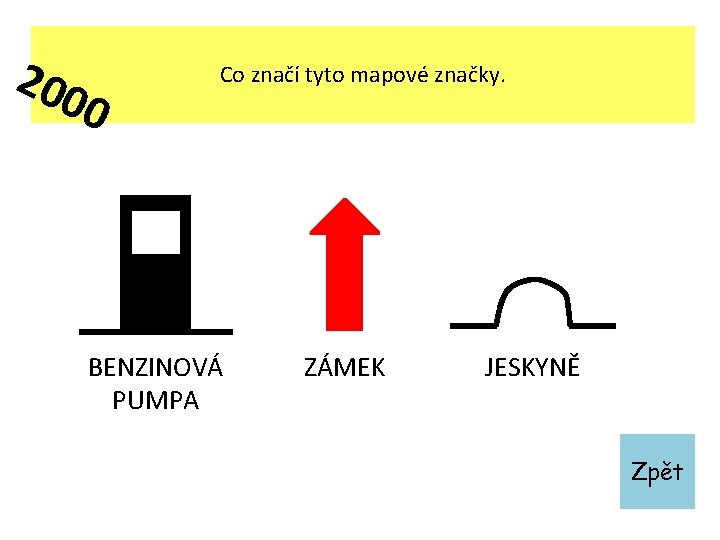 200 0 Co značí tyto mapové značky. BENZINOVÁ PUMPA ZÁMEK JESKYNĚ Zpět 