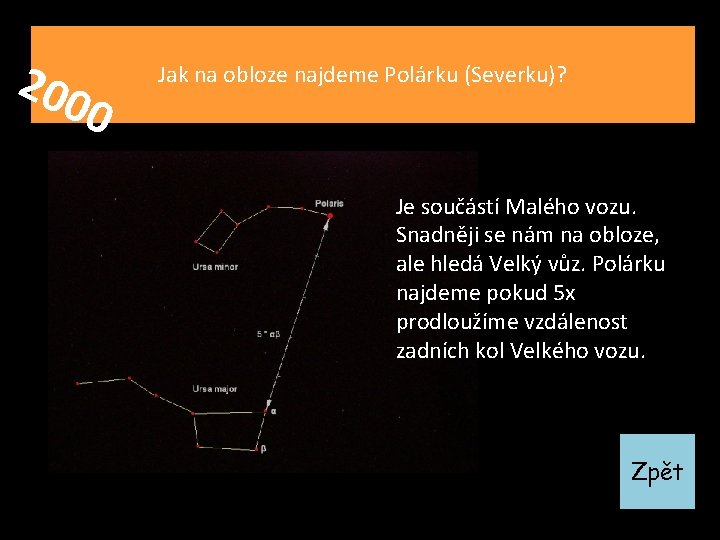 200 0 Jak na obloze najdeme Polárku (Severku)? Je součástí Malého vozu. Snadněji se