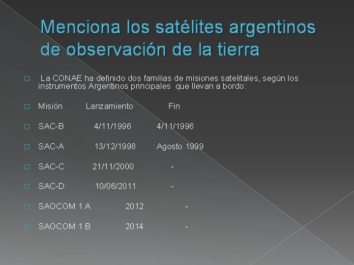 Menciona los satélites argentinos de observación de la tierra � La CONAE ha definido