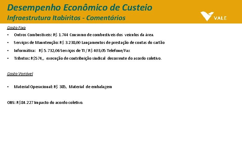 Desempenho Econômico de Custeio Infraestrutura Itabiritos - Comentários Gasto Fixo • Outros Combustíveis: R$ Desempenho Econômico de Custeio Infraestrutura Itabiritos - Comentários Gasto Fixo • Outros Combustíveis: R$