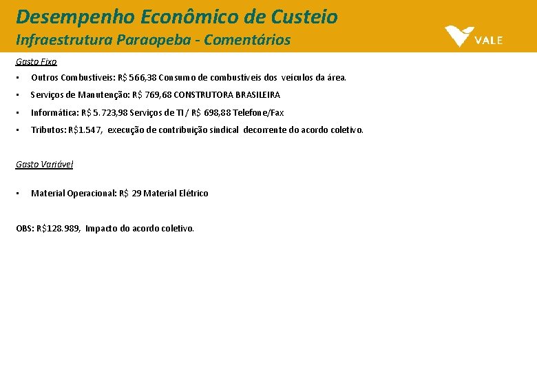 Desempenho Econômico de Custeio Infraestrutura Paraopeba - Comentários Gasto Fixo • Outros Combustíveis: R$ Desempenho Econômico de Custeio Infraestrutura Paraopeba - Comentários Gasto Fixo • Outros Combustíveis: R$