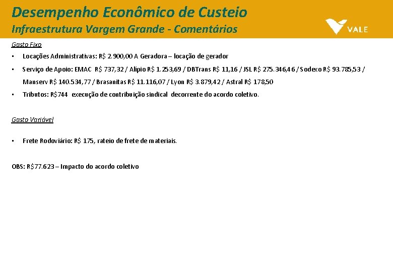 Desempenho Econômico de Custeio Infraestrutura Vargem Grande - Comentários Gasto Fixo • Locações Administrativas: Desempenho Econômico de Custeio Infraestrutura Vargem Grande - Comentários Gasto Fixo • Locações Administrativas:
