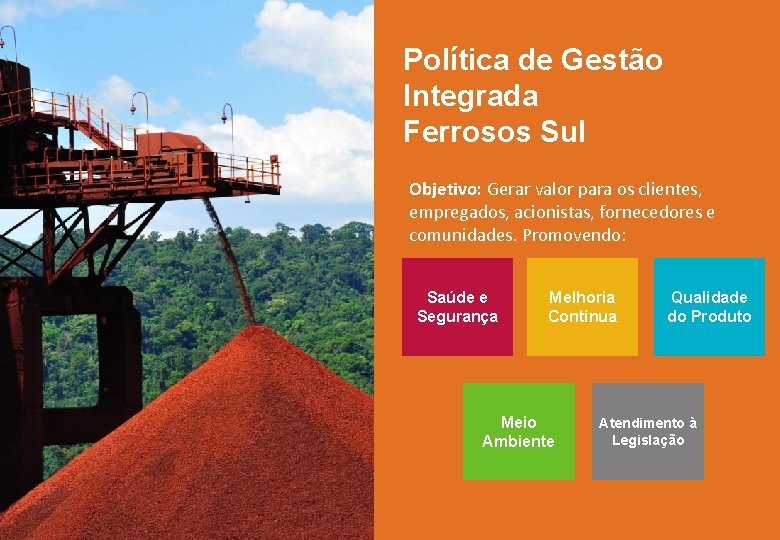 Política de Gestão Integrada Ferrosos Sul Objetivo: Gerar valor para os clientes, empregados, acionistas, Política de Gestão Integrada Ferrosos Sul Objetivo: Gerar valor para os clientes, empregados, acionistas,
