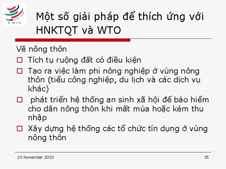 Một số giải pháp để thích ứng với HNKTQT và WTO Về nông thôn