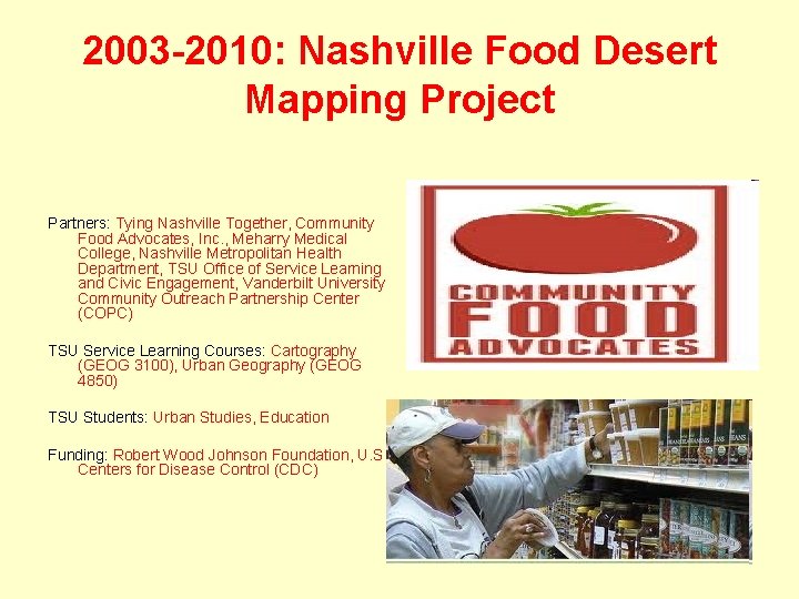 2003 -2010: Nashville Food Desert Mapping Project Partners: Tying Nashville Together, Community Food Advocates, 2003 -2010: Nashville Food Desert Mapping Project Partners: Tying Nashville Together, Community Food Advocates,