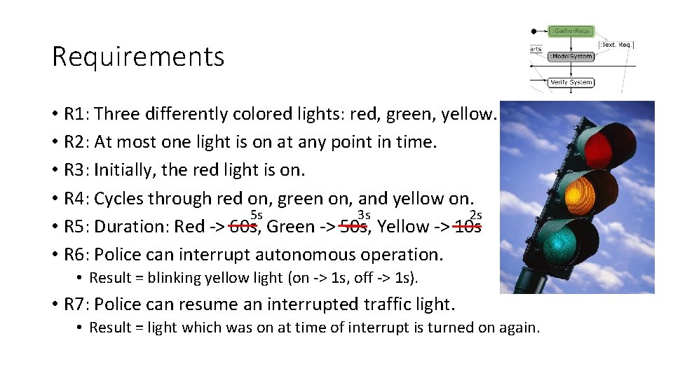 Requirements • R 1: Three differently colored lights: red, green, yellow. • R 2: Requirements • R 1: Three differently colored lights: red, green, yellow. • R 2: