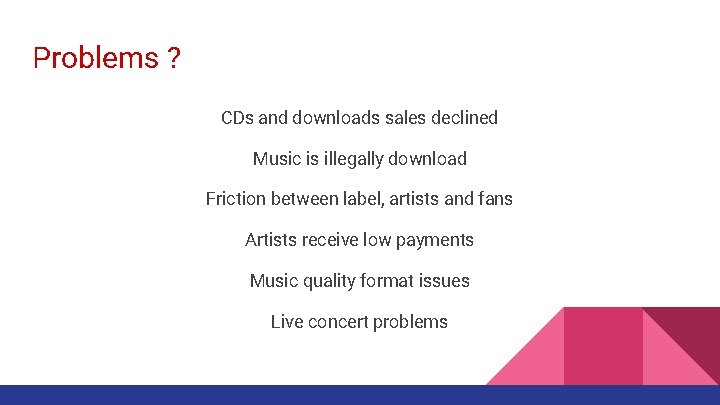 Problems ? CDs and downloads sales declined Music is illegally download Friction between label, Problems ? CDs and downloads sales declined Music is illegally download Friction between label,