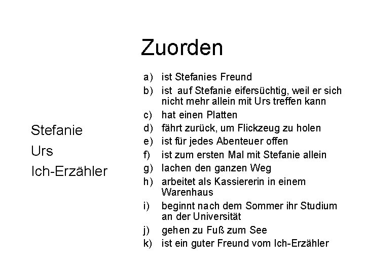 Zuorden Stefanie Urs Ich-Erzähler a) ist Stefanies Freund b) ist auf Stefanie eifersüchtig, weil Zuorden Stefanie Urs Ich-Erzähler a) ist Stefanies Freund b) ist auf Stefanie eifersüchtig, weil