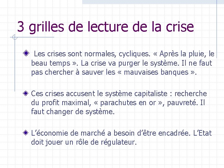 3 grilles de lecture de la crise Les crises sont normales, cycliques. « Après