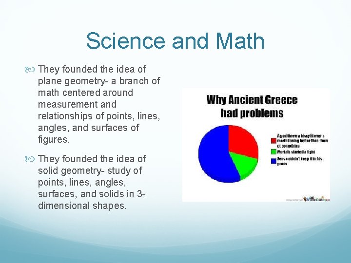 Science and Math They founded the idea of plane geometry- a branch of math