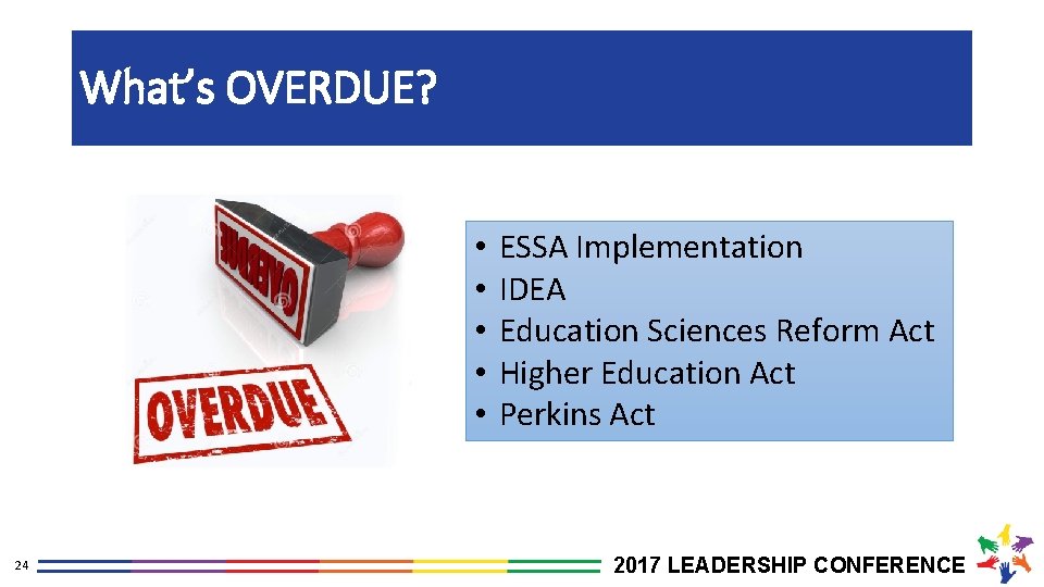 What’s OVERDUE? • • • 24 ESSA Implementation IDEA Education Sciences Reform Act Higher