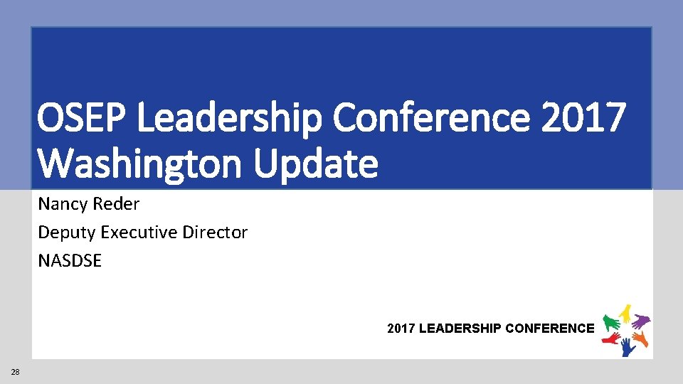 OSEP Leadership Conference 2017 Washington Update Nancy Reder Deputy Executive Director NASDSE 2017 LEADERSHIP