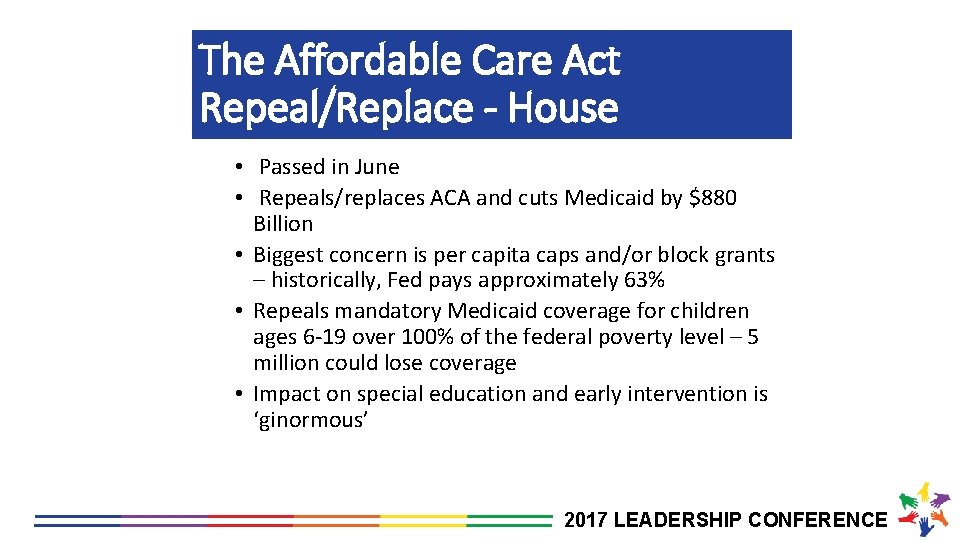 The Affordable Care Act Repeal/Replace - House • Passed in June • Repeals/replaces ACA