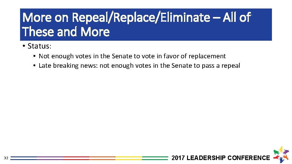 More on Repeal/Replace/Eliminate – All of These and More • Status: • Not enough