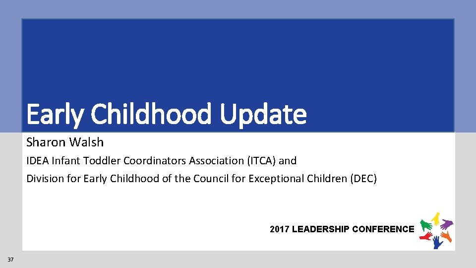 Early Childhood Update Sharon Walsh IDEA Infant Toddler Coordinators Association (ITCA) and Division for