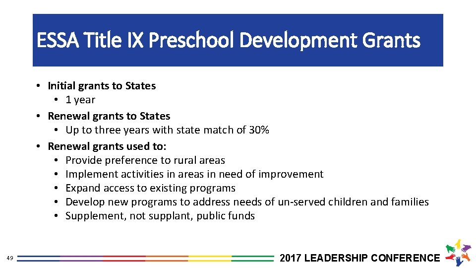 ESSA Title IX Preschool Development Grants • Initial grants to States • 1 year
