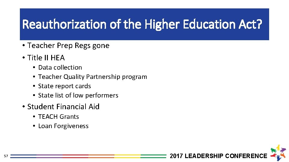 Reauthorization of the Higher Education Act? • Teacher Prep Regs gone • Title II