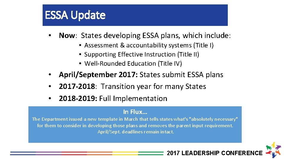 ESSA Update • Now: States developing ESSA plans, which include: • Assessment & accountability