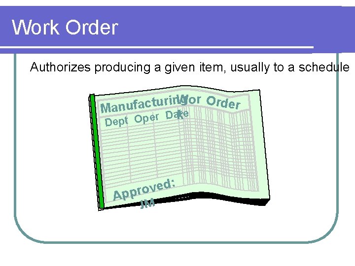 Work Order Authorizes producing a given item, usually to a schedule g r Order