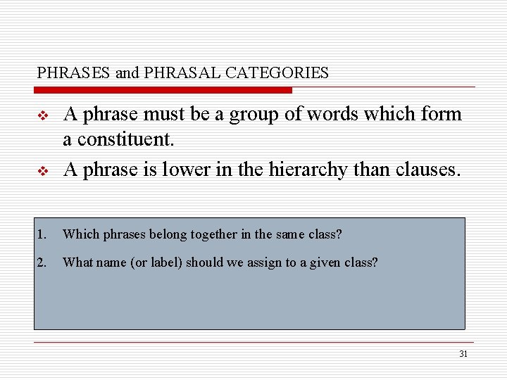 PHRASES and PHRASAL CATEGORIES v A phrase must be a group of words which