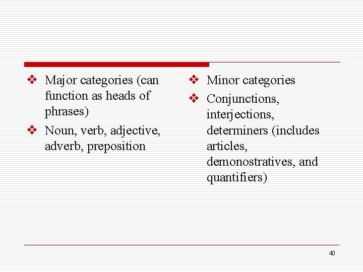 v Major categories (can function as heads of phrases) v Noun, verb, adjective, adverb,