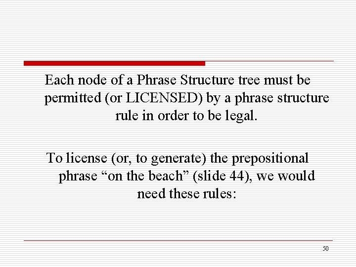 Each node of a Phrase Structure tree must be permitted (or LICENSED) by a