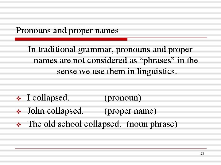 Pronouns and proper names In traditional grammar, pronouns and proper names are not considered