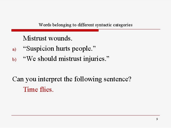 Words belonging to different syntactic categories a) b) Mistrust wounds. “Suspicion hurts people. ”