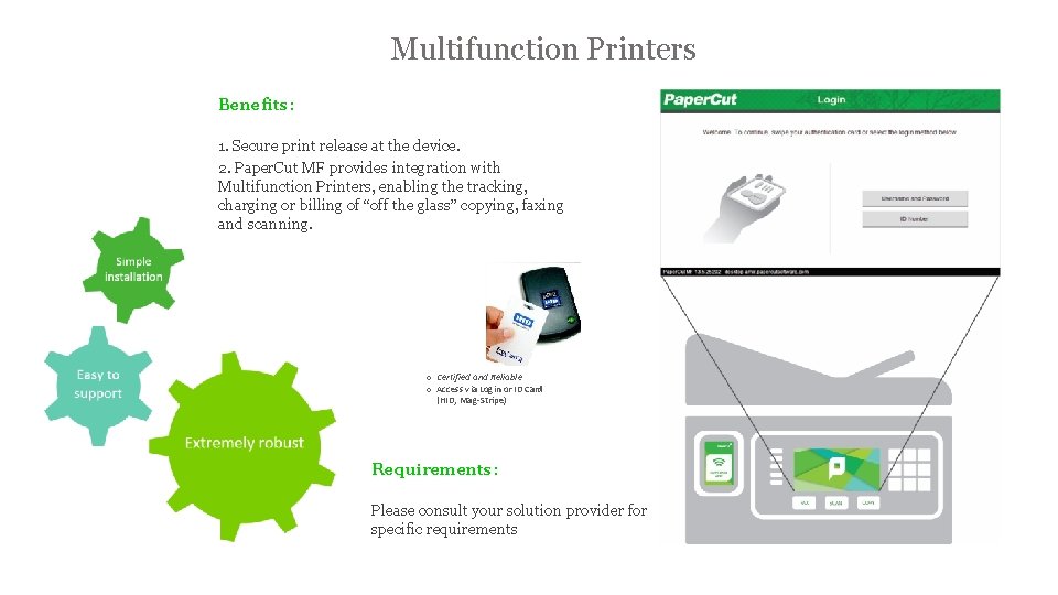 Multifunction Printers Benefits: 1. Secure print release at the device. 2. Paper. Cut MF